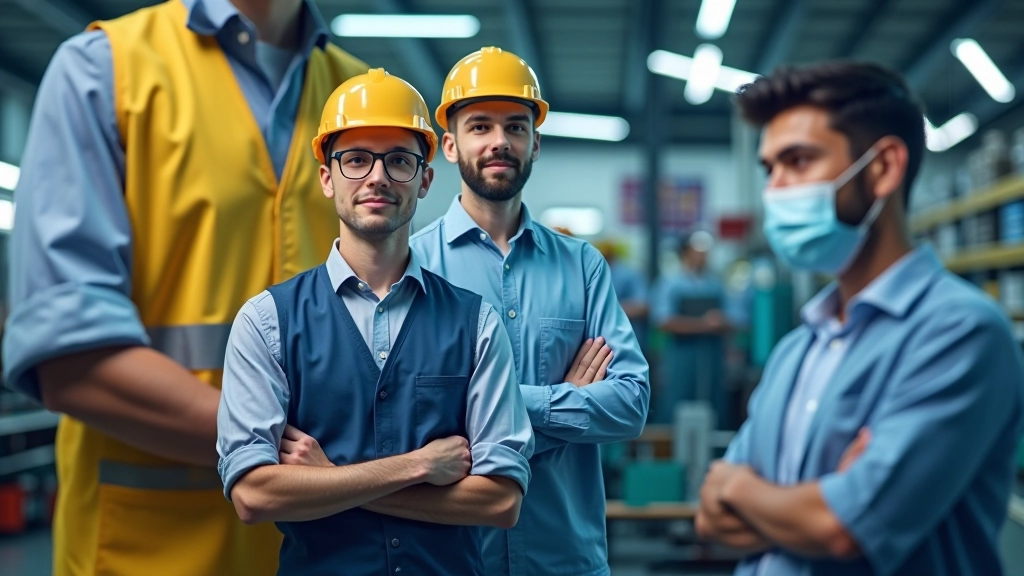 Verschiedene Arbeitsumgebungen nebeneinander: Handwerk mit Werkzeugen, Krankenhaus mit Fachpersonal, IT-Büro, Fabrik mit Maschinen