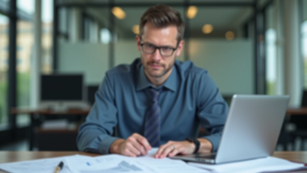 Wirtschaftsanalyst bei der Arbeit mit Laptop und Wirtschaftsberichten auf dem Schreibtisch