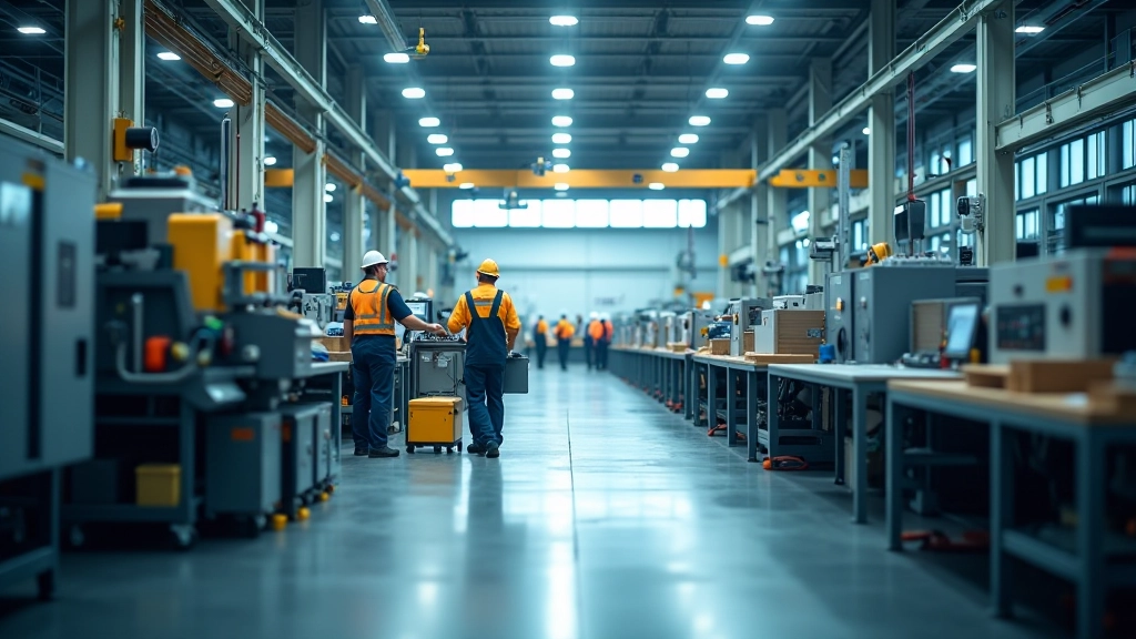 Fabrik mit Produktionsanlagen und Arbeitern, die an modernen Maschinen arbeiten