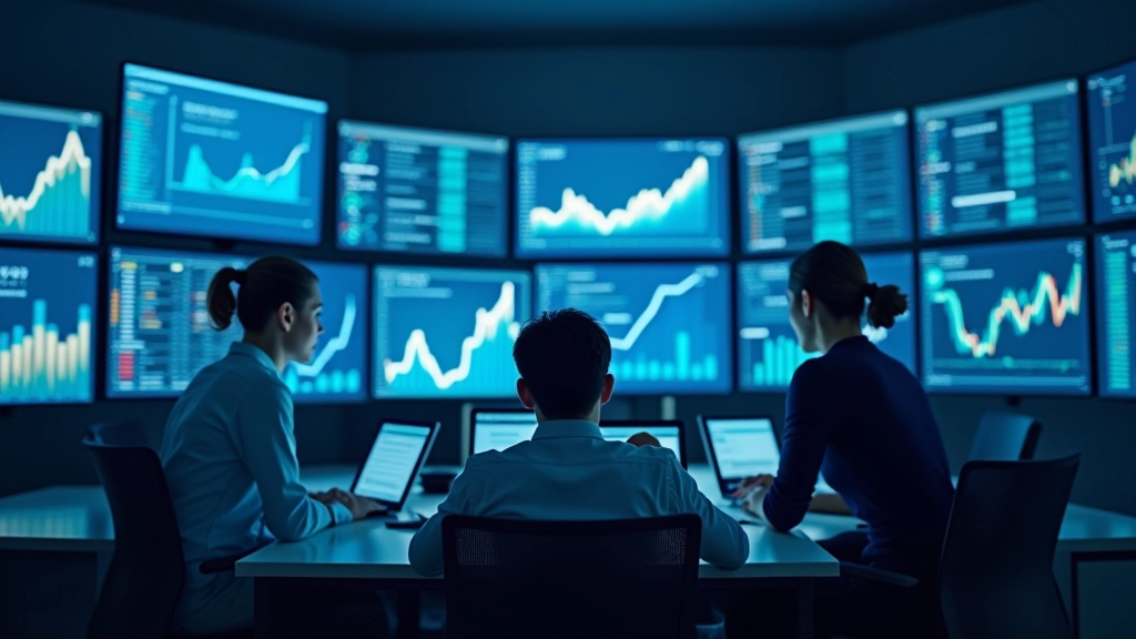 Moderne Finanzanalysezentrale mit Bildschirmen und Wirtschaftsdaten