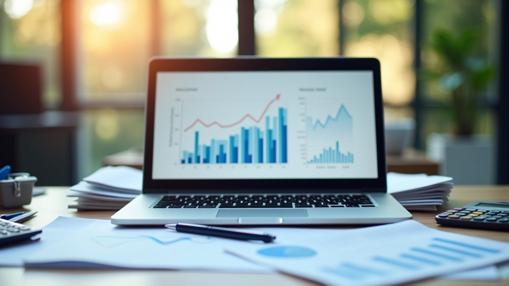 Büro-Schreibtisch mit Finanzdiagrammen, Laptop und Wirtschaftsnachrichten-Publikationen